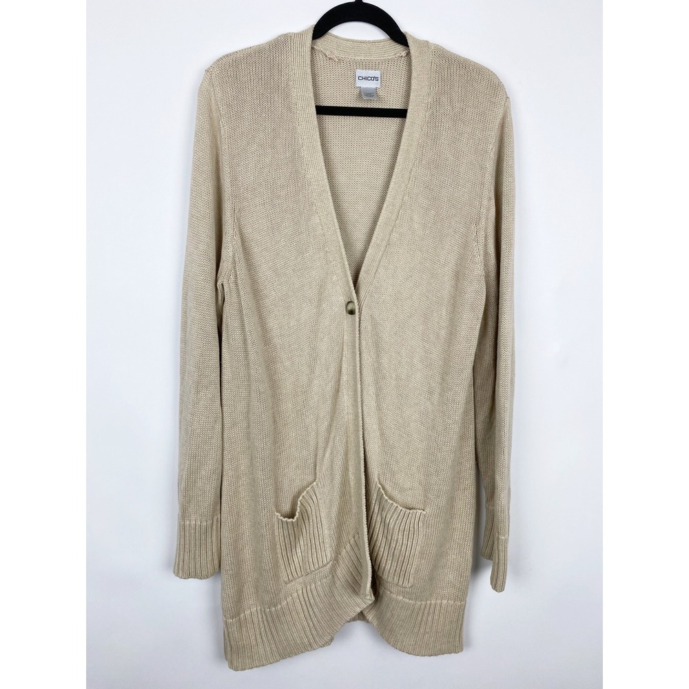 Chico's Bamboo Cotton Blend Longline V-Neck Cardigan Sweater Womens‎ XL 3 Tan